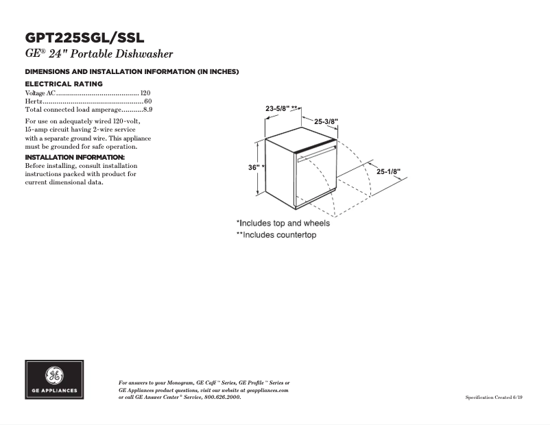 Página 1 del manual Ficha técnica GE GPT225SGLWW