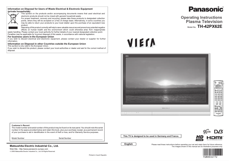 Imagen de la primera página del manual del dispositivo Viera TH-42PX62E