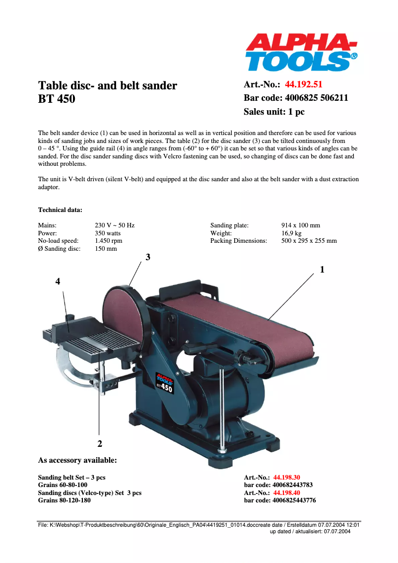 Página 1 del manual Ficha técnica Alpha Tools BT 450