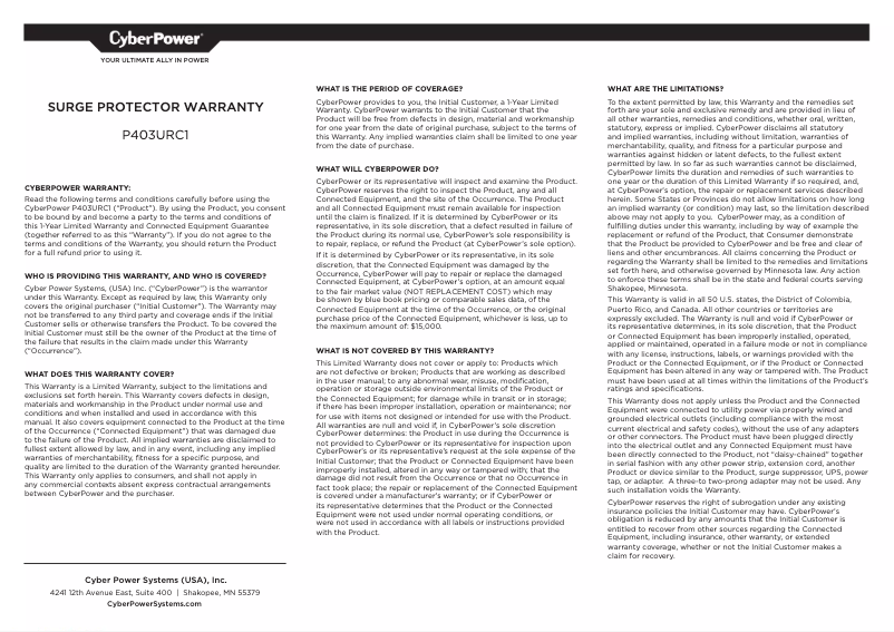 Página 1 del manual Información de garantía CyberPower Home Office P403URC1