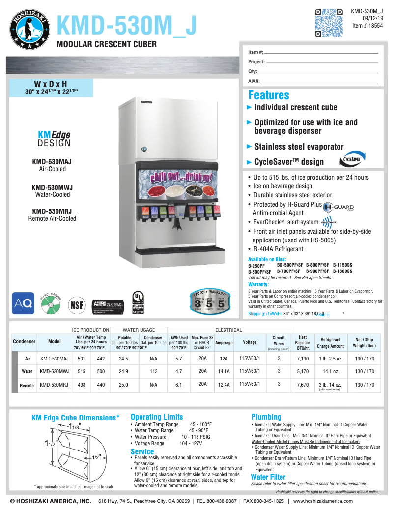 Página 1 del manual Ficha técnica Hoshizaki KMD-530MAH