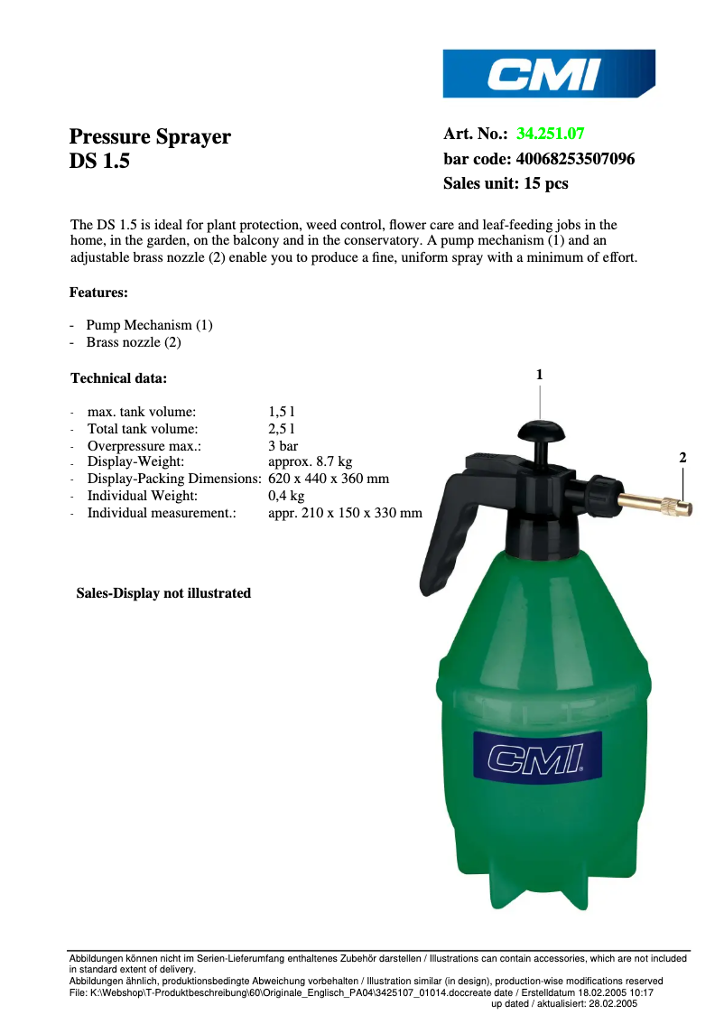 Página 1 del manual Ficha técnica CMI DS 1,5