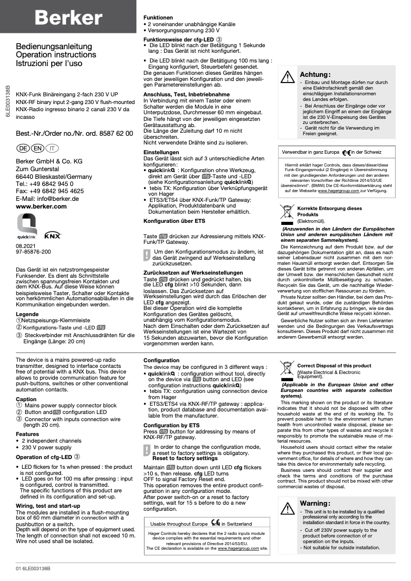 Página 1 del manual Manual de usuario Berker 85876200