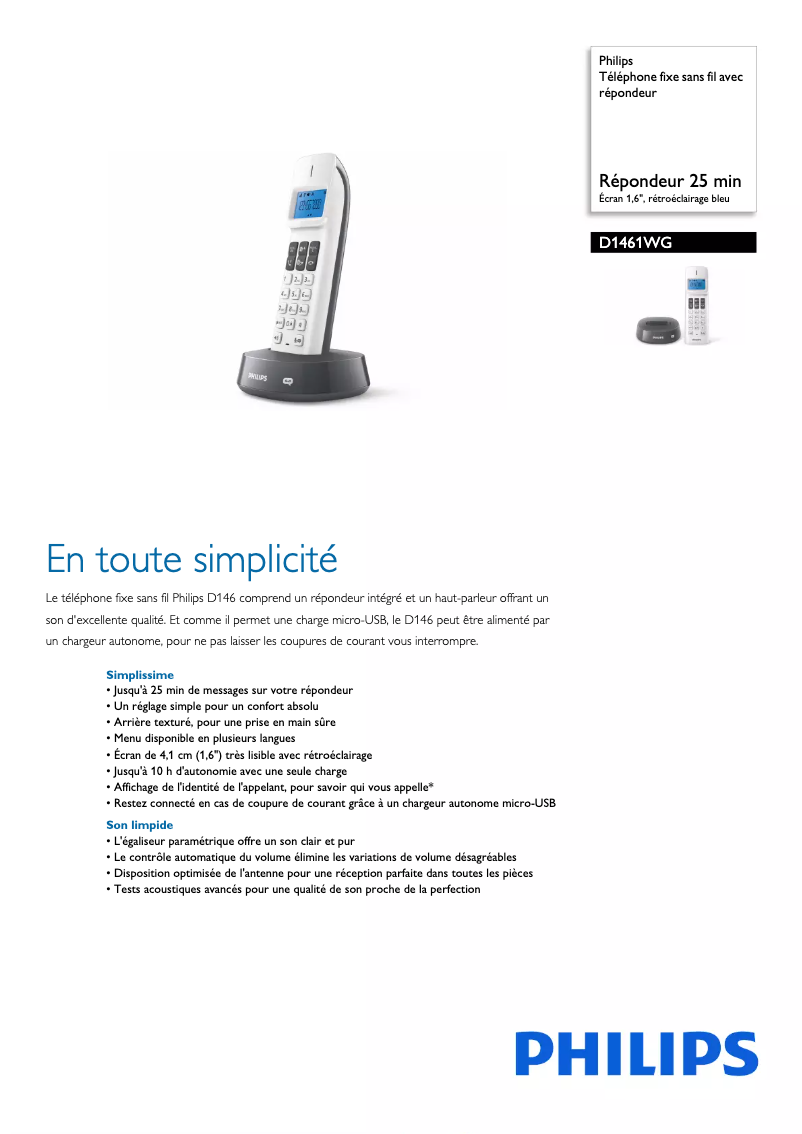 Página 1 del manual Ficha técnica Philips D1461WG