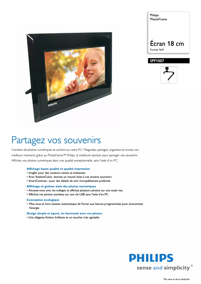Página 1 del manual Ficha técnica Philips PhotoFrame SPF1007