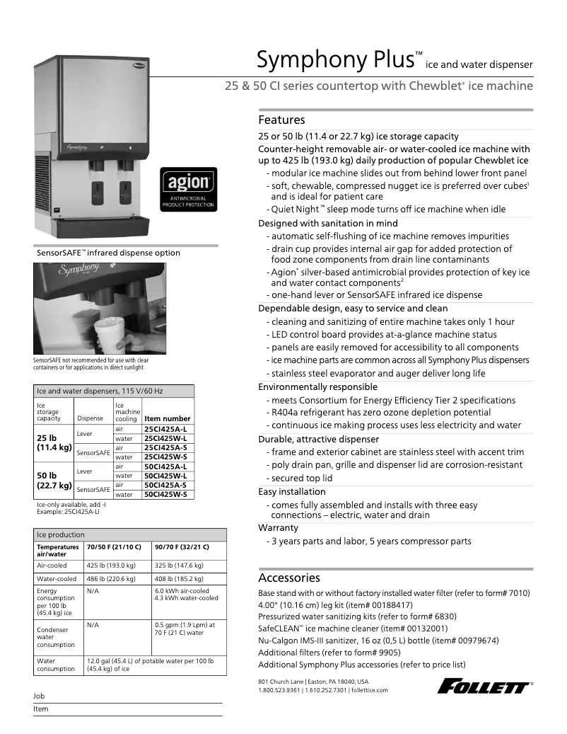 Página 1 del manual Ficha técnica Follett 110CT425A-S