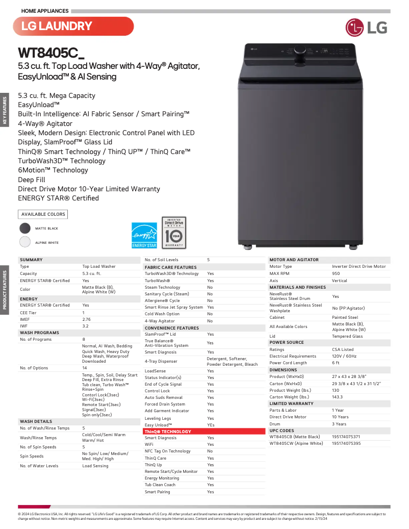 Página 1 del manual Ficha técnica LG WT8405CB