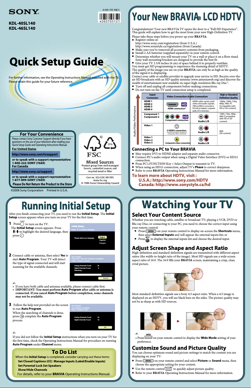 Imagen de la primera página del manual del dispositivo Bravia KDL-40SL140