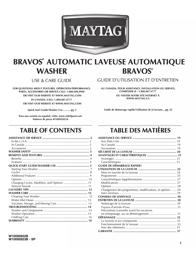 Página 1 del manual Manual de usuario Maytag Bravos MVWB850WB