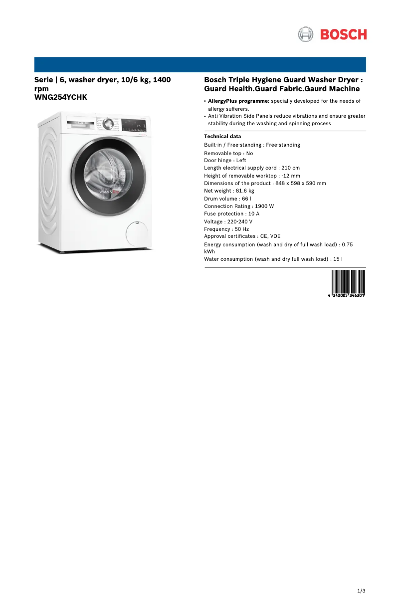 Página 1 del manual Ficha técnica Bosch WNG254YCHK