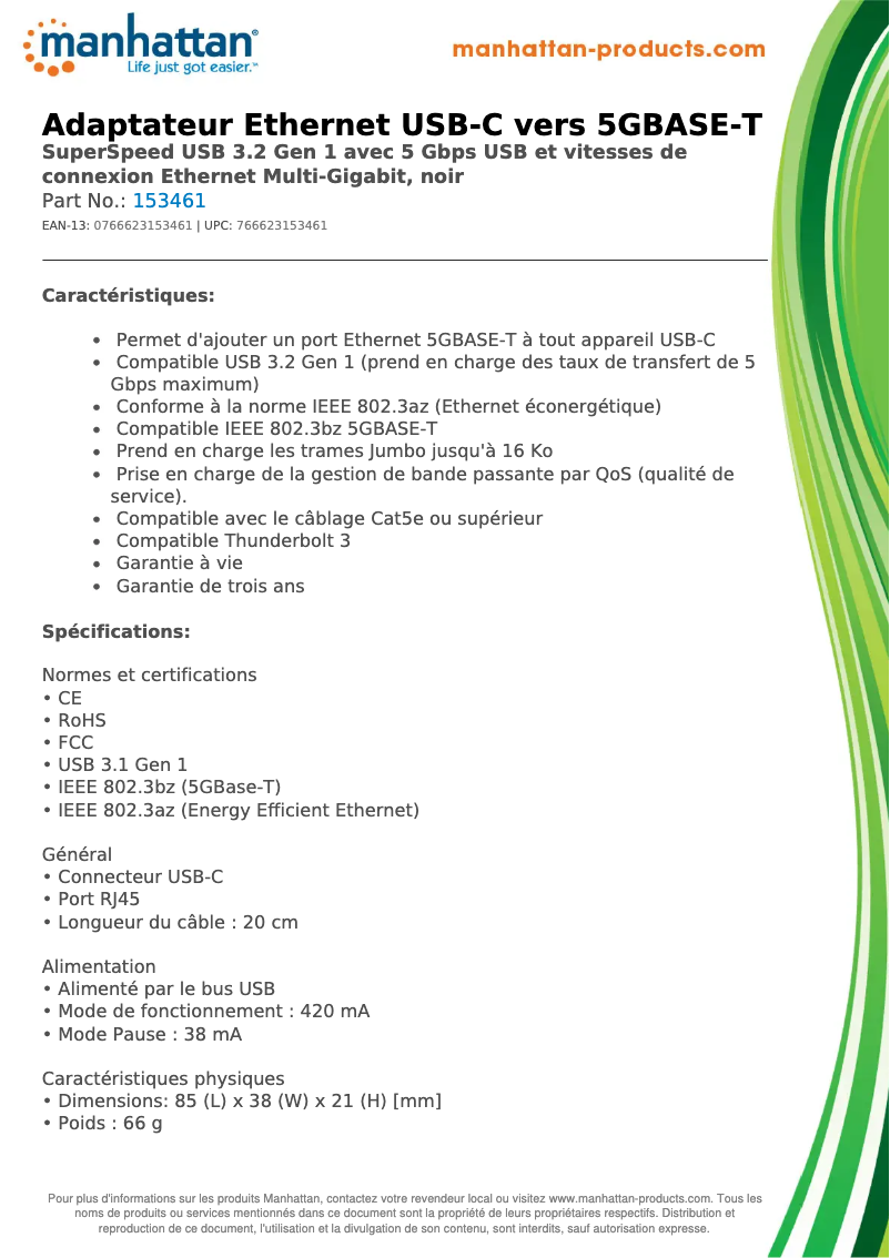 Página 1 del manual Ficha técnica Manhattan USB-C to 5GBASE-T Ethernet 153461