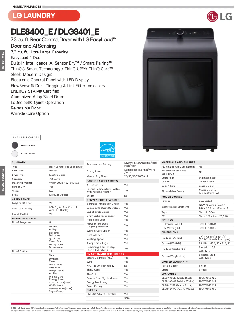 Página 1 del manual Ficha técnica LG DLE8400BE