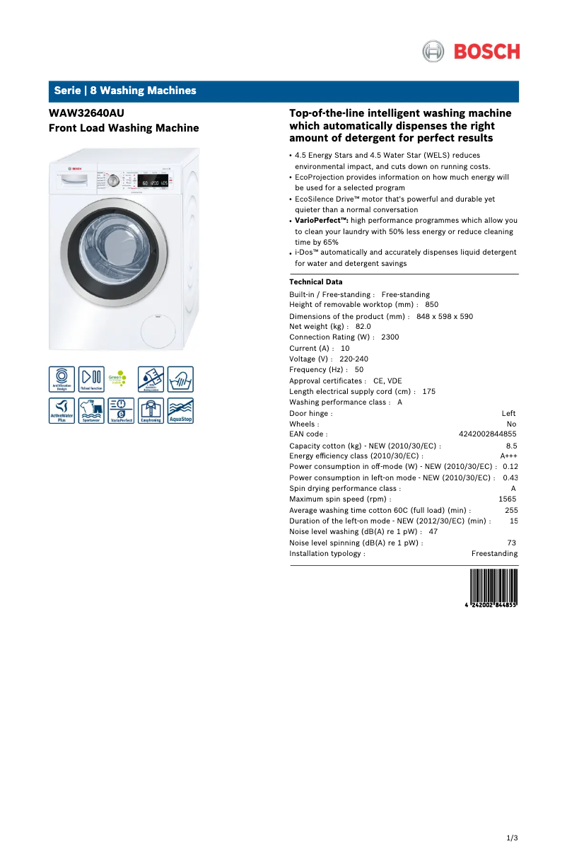 Página 1 del manual Ficha técnica Bosch WAW32640AU