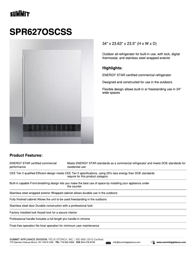 Página 1 del manual Ficha técnica Summit SPR627OSC