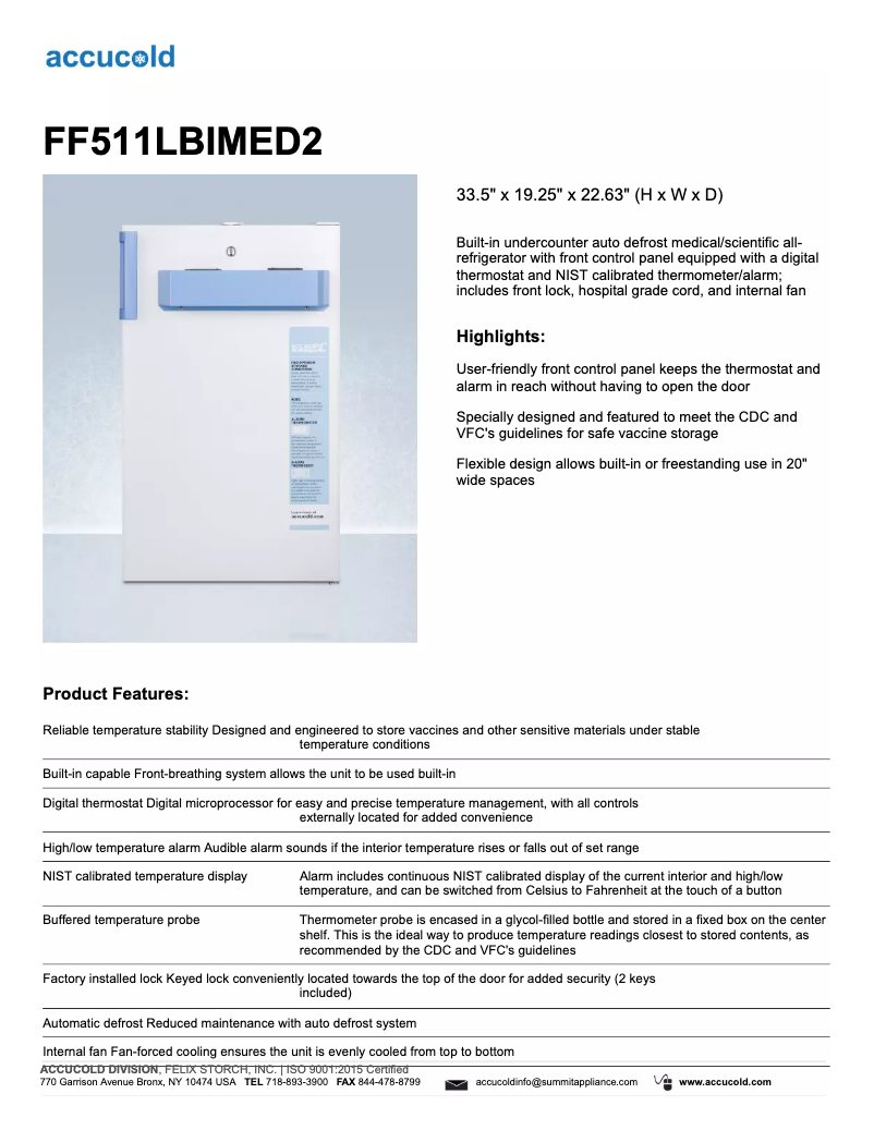 Página 1 del manual Ficha técnica Summit Accucold FF511LBIMED2
