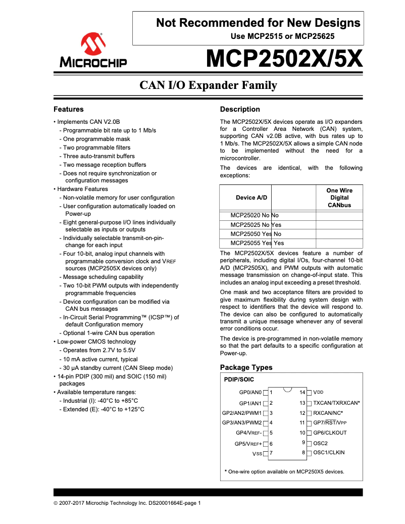 Imagen de la primera página del manual del dispositivo MCP25050