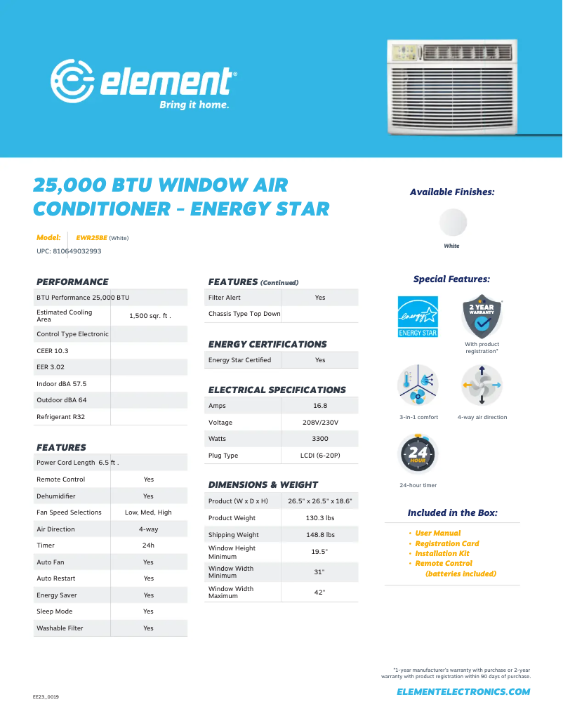 Página 1 del manual Ficha técnica Element EWR25BE