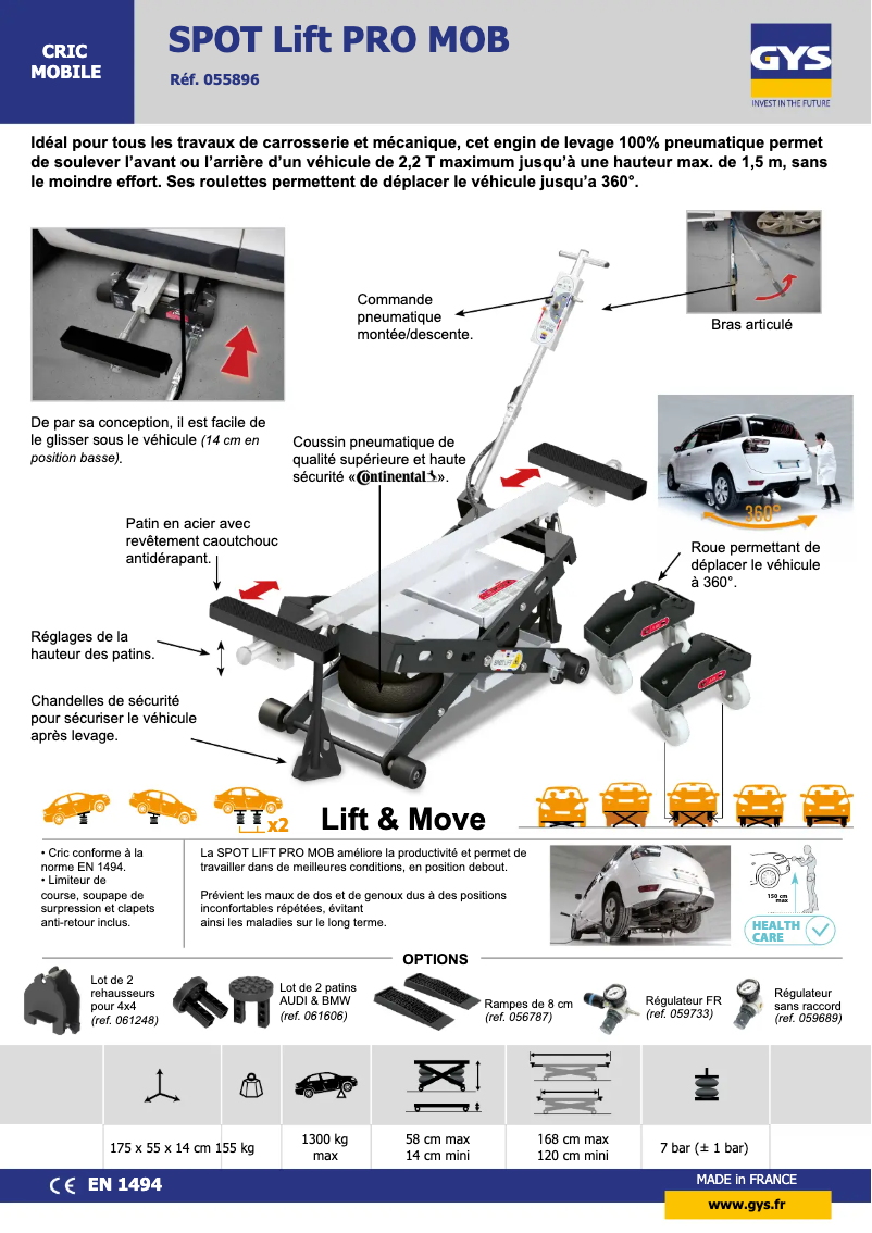 Página 1 del manual Ficha técnica GYS Spot Lift PRO MOB