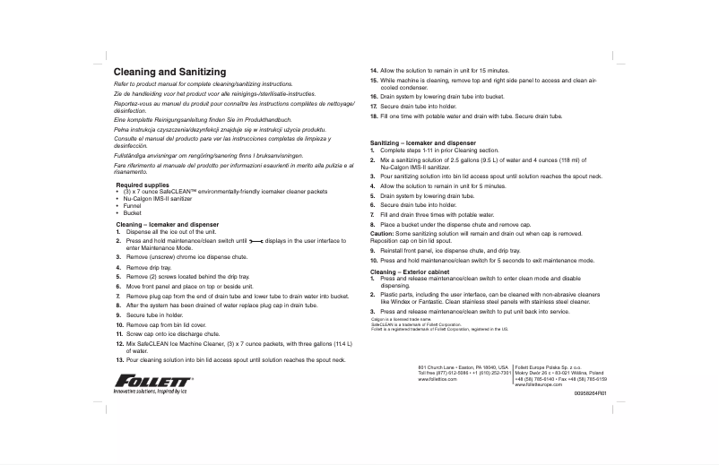 Página 1 del manual Instrucciones / montaje Follett 7CI100A-IW-CF-ST-00