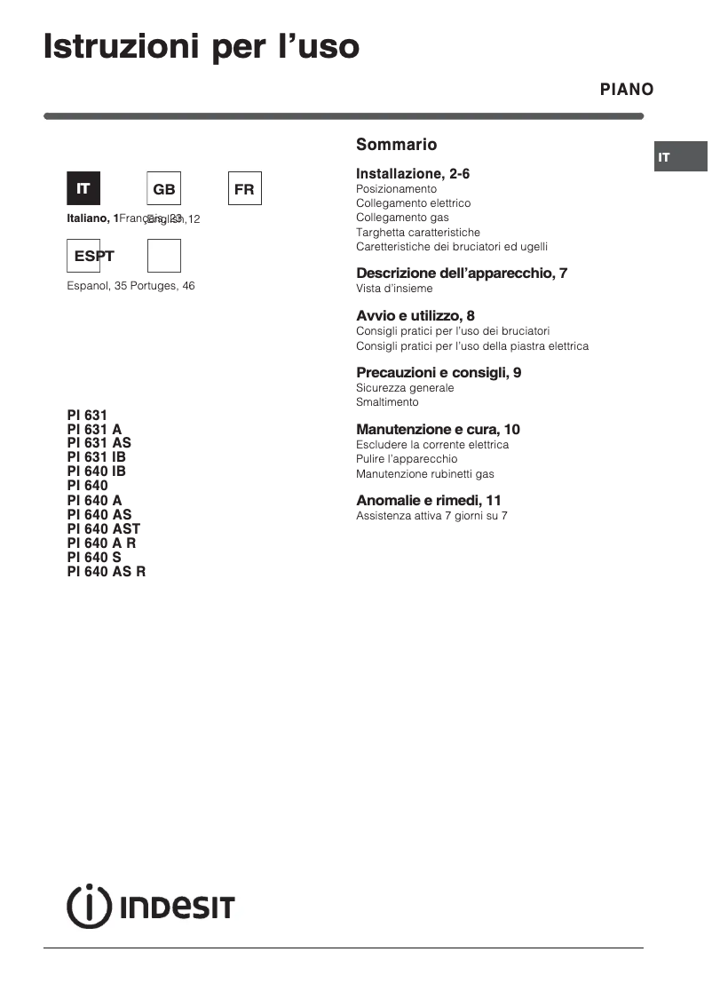 Página 1 del manual Manual de usuario Indesit PI 640 S(IX)