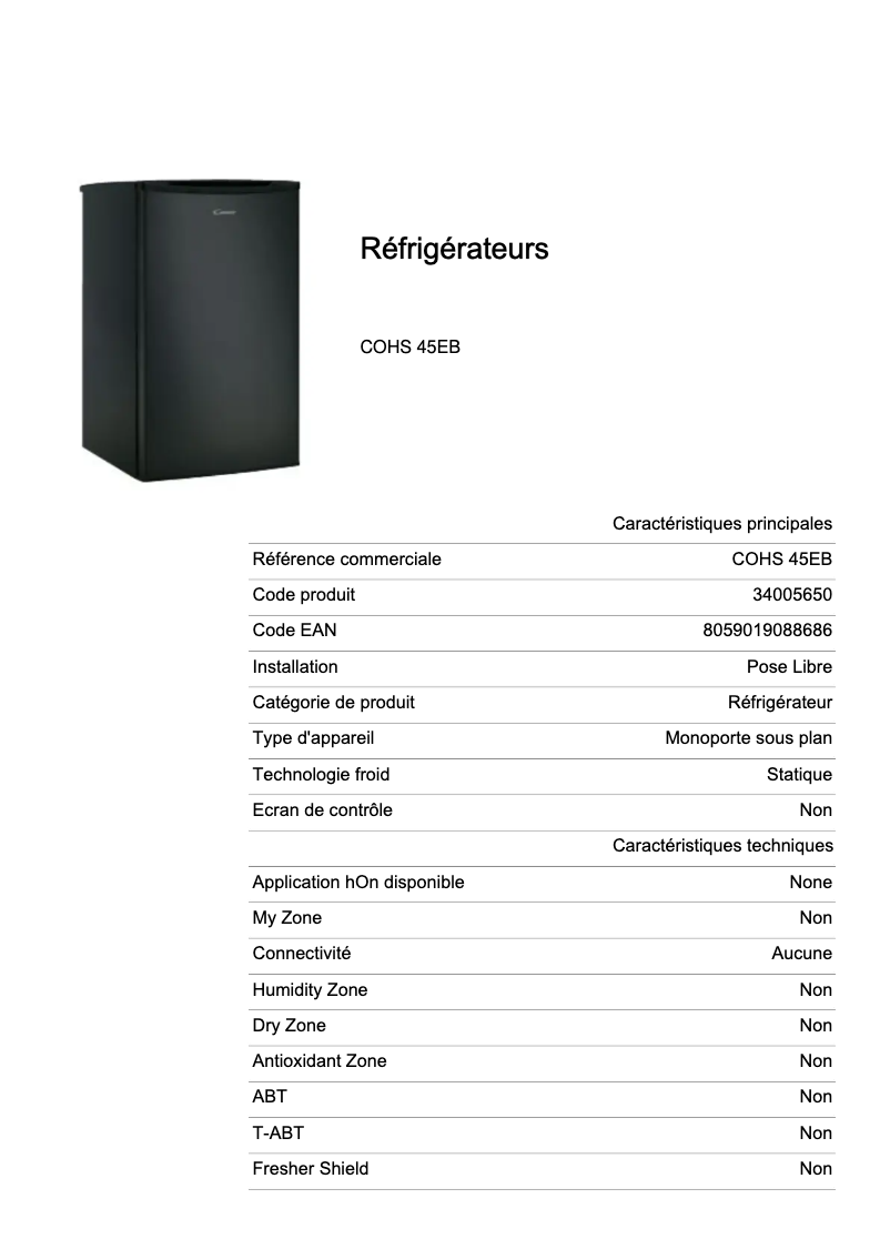 Página 1 del manual Ficha técnica Candy COHS 45EB
