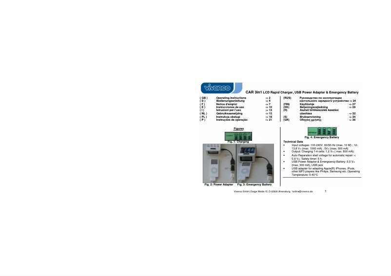 Página nº 1 - Manual de usuario Vivanco CAR 3 IN 1.4 LCD USB