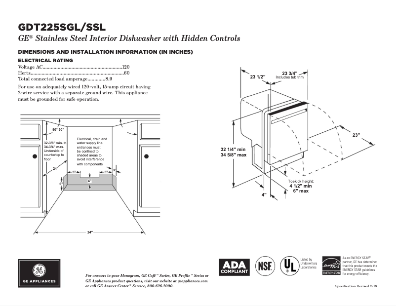 Página 1 del manual Ficha técnica GE GDT225SGLWW