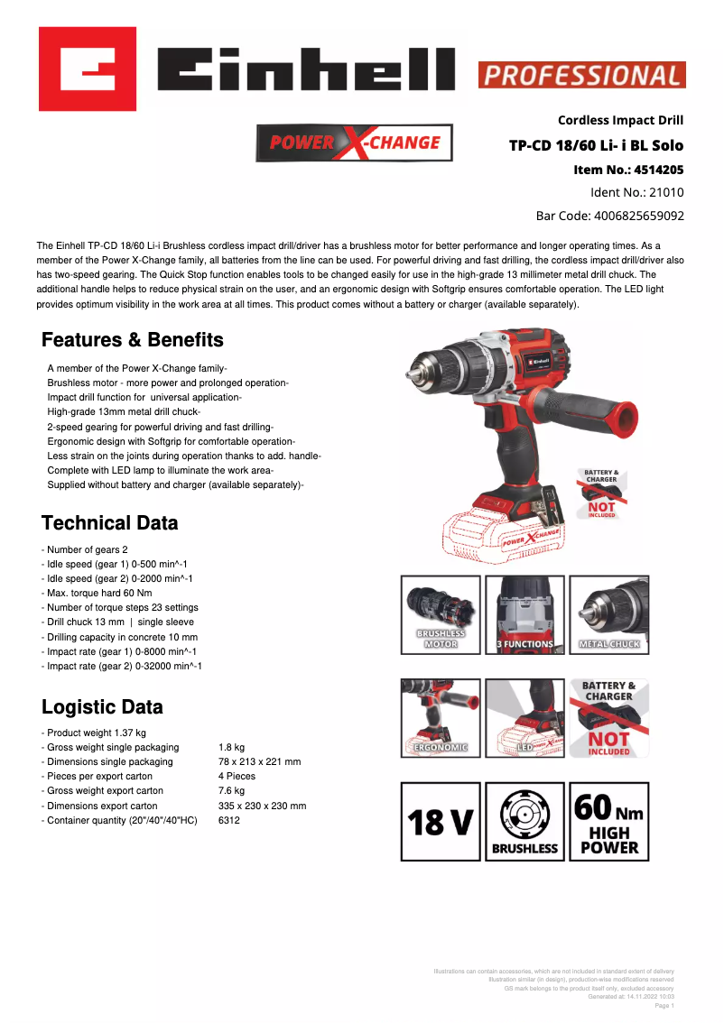 Página 1 del manual Ficha técnica Einhell TP-CD 18/60 Li- i BL Solo