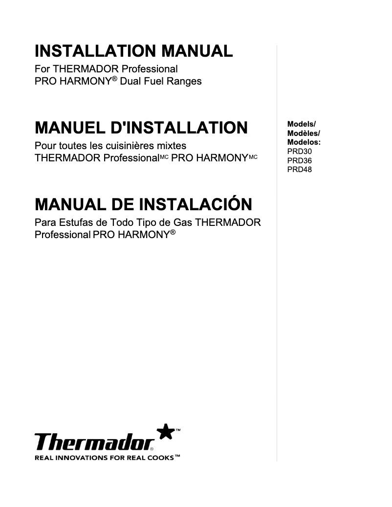 Página 1 del manual Guía de instalación Thermador PRD364GDHU