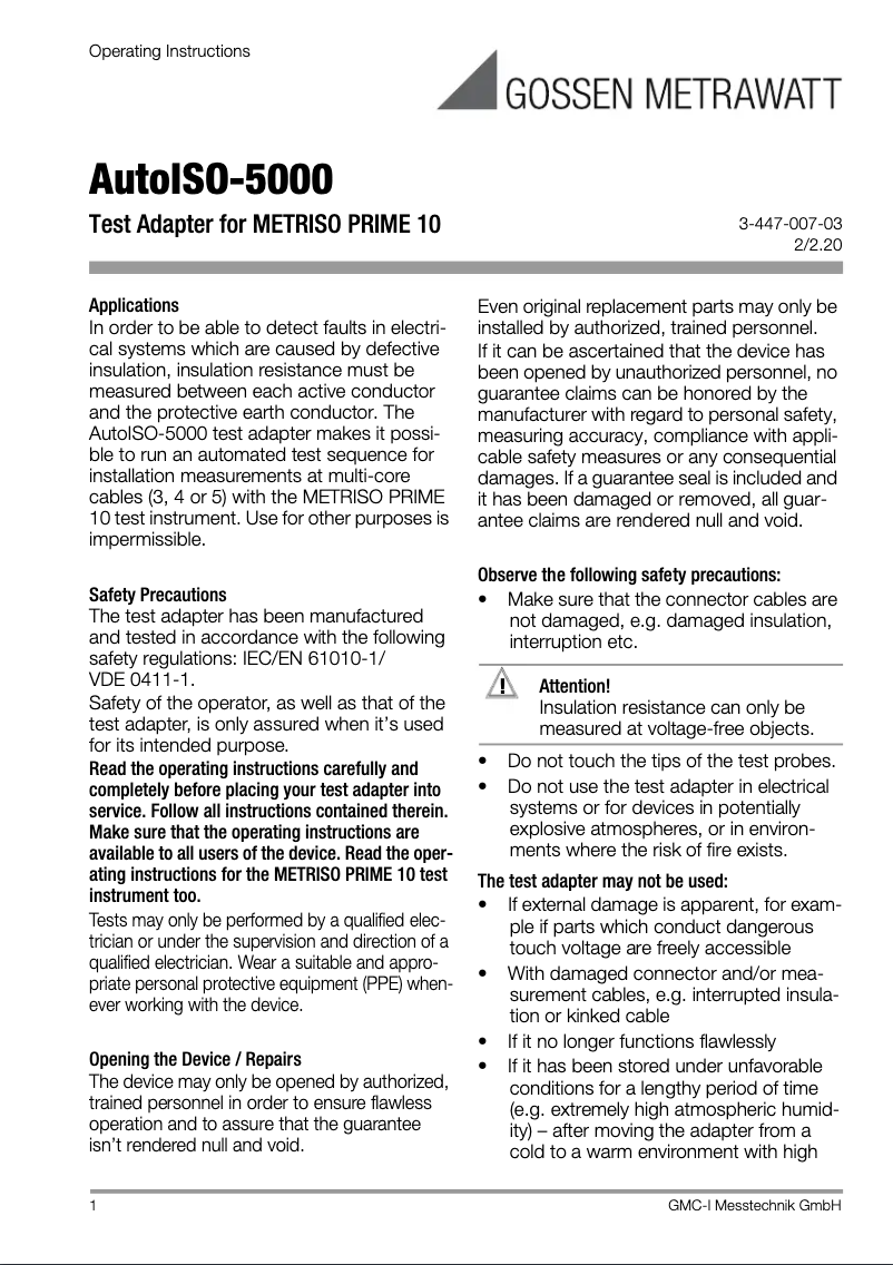 Página nº 1 - Manual de usuario Gossen Metrawatt AutoISO-5000