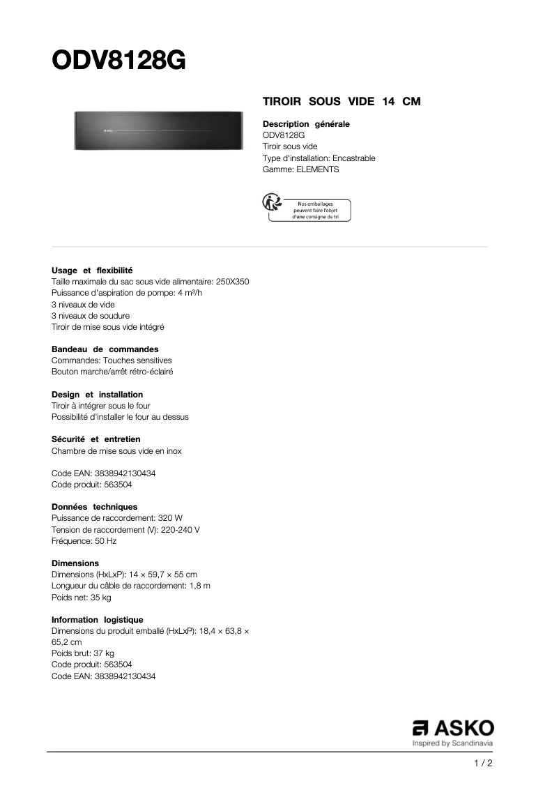 Página 1 del manual Ficha técnica Asko ODV8128G