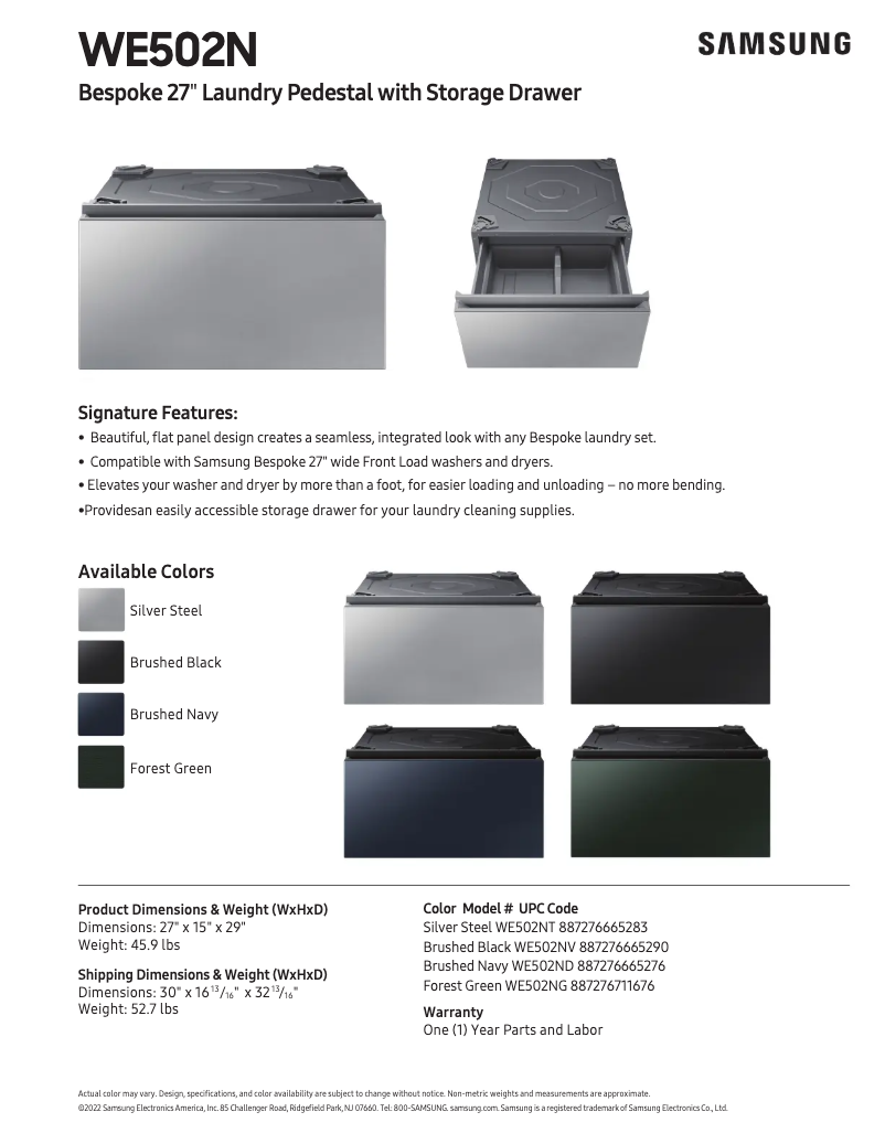 Página 1 del manual Ficha técnica Samsung WE502NT