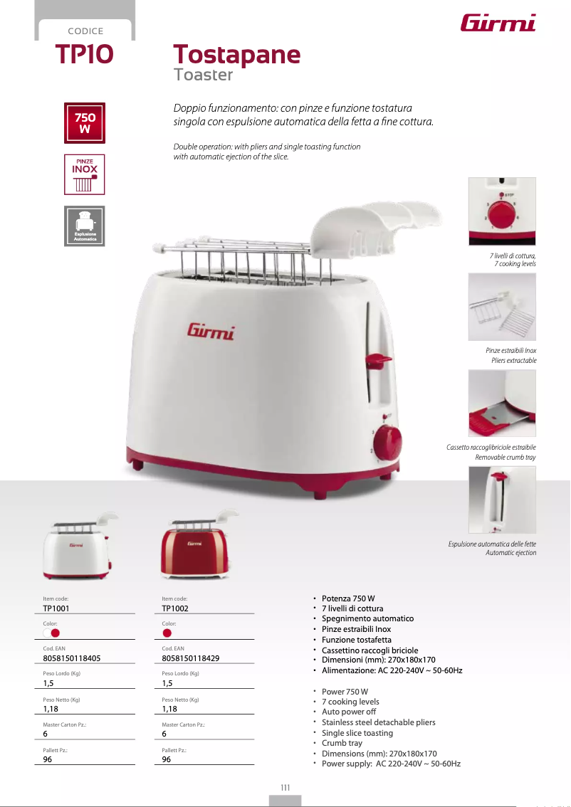 Página 1 del manual Ficha técnica Girmi TP10