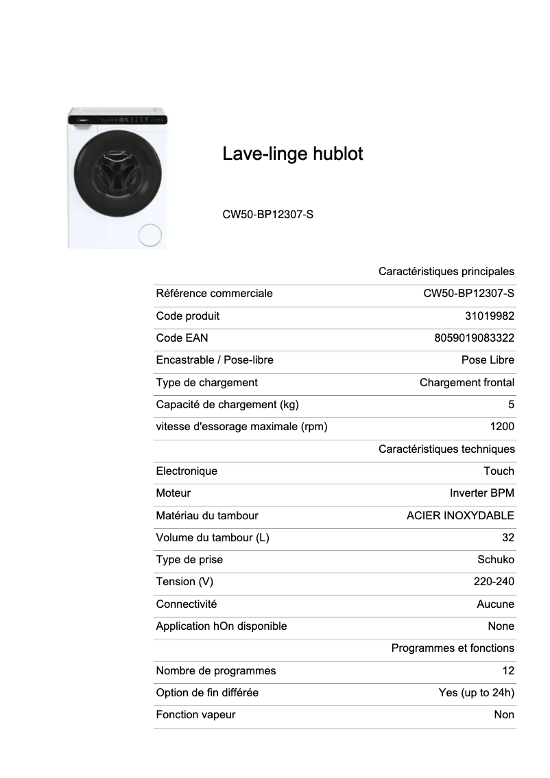 Página 1 del manual Ficha técnica Candy CW50-BP12307-S