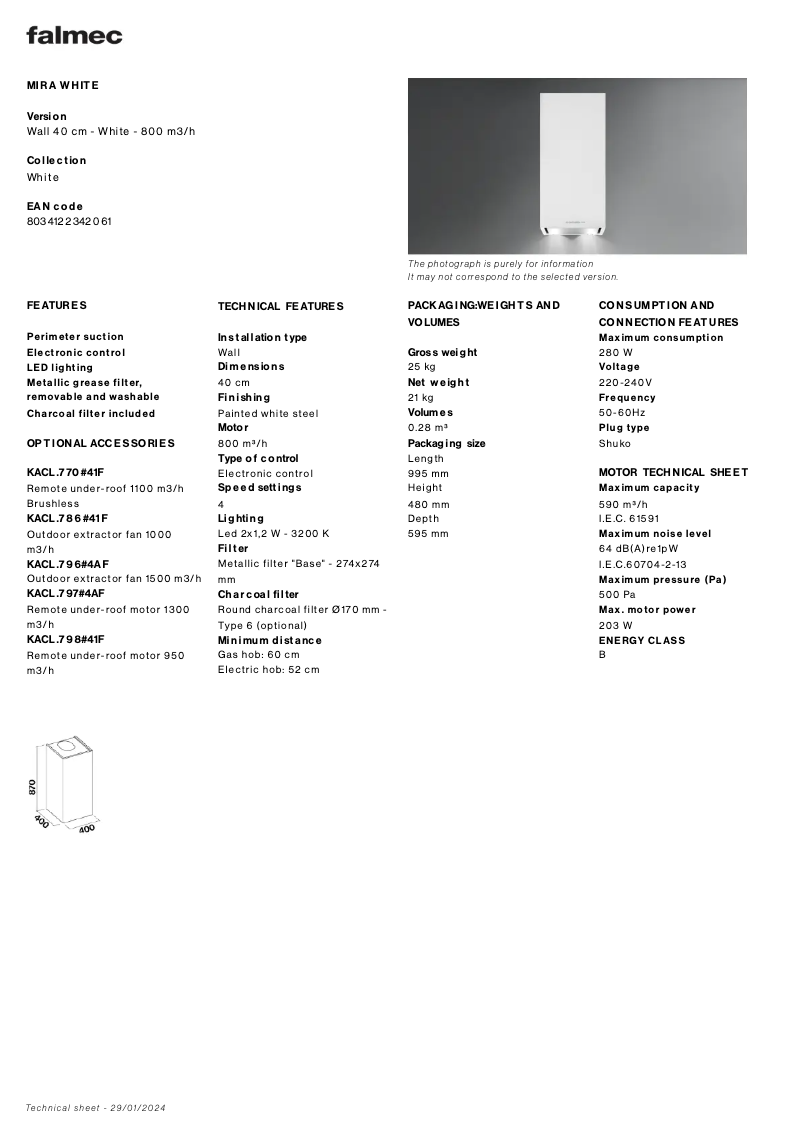 Página 1 del manual Ficha técnica Falmec Mira