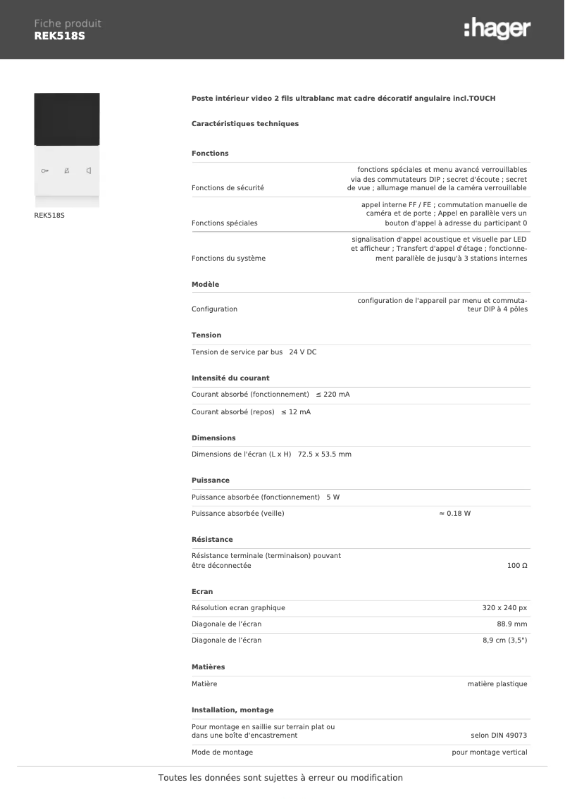 Página 1 del manual Ficha técnica Hager REK518S