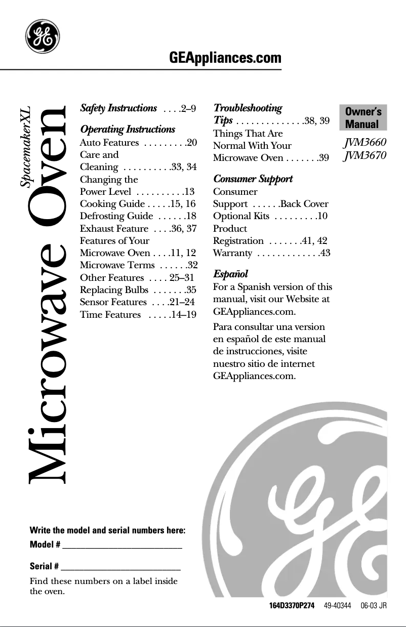 Página 1 del manual Manual de uso y mantenimiento GE Profile JVM3660BF