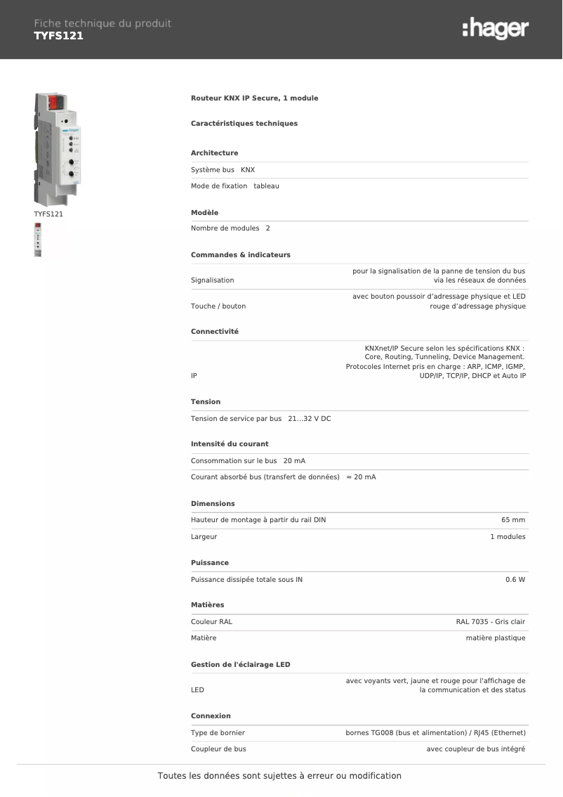 Página 1 del manual Ficha técnica Hager TYFS121