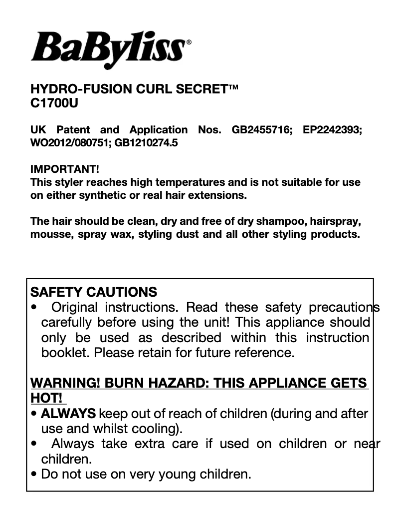 Página nº 1 - Manual de usuario BaByliss Hydro-Fusion Anti-Frizz Curl Secret C1700U