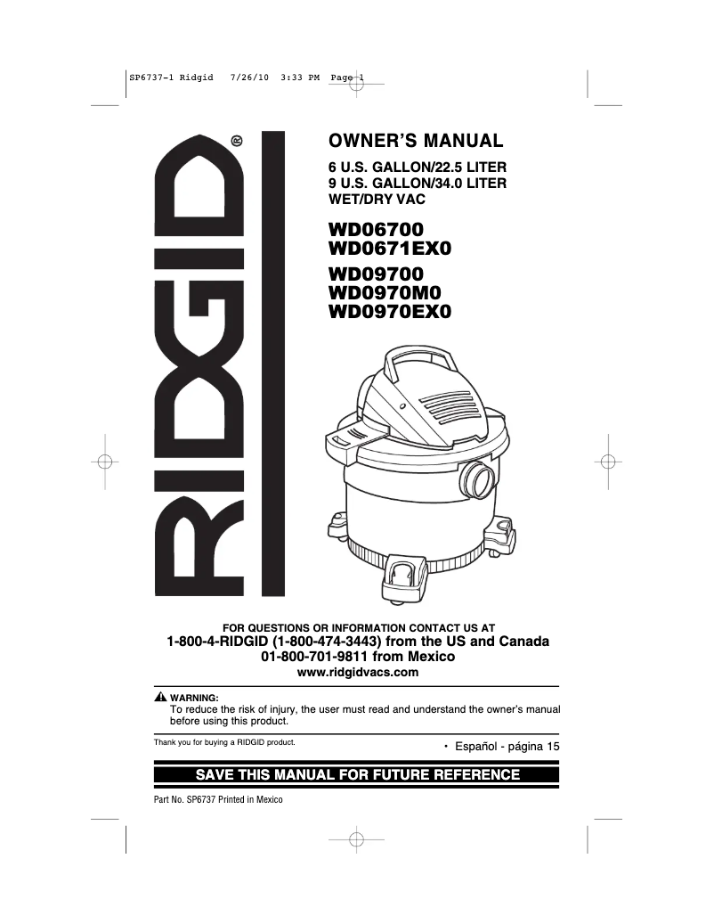 Página nº 1 - Manual de usuario Ridgid WD0656BR