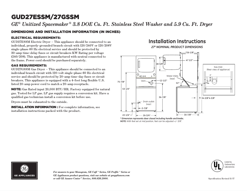 Página 1 del manual Ficha técnica GE GUD27GSSMWW
