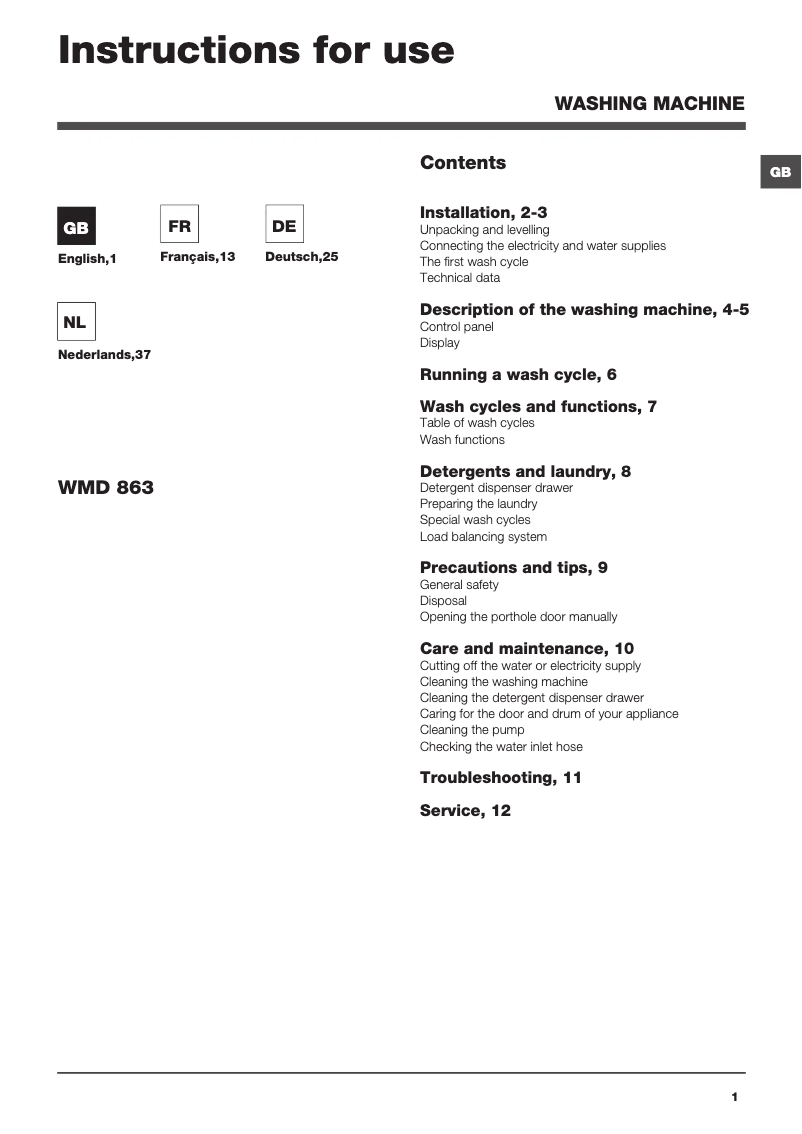 Página 1 del manual Manual de usuario Hotpoint Ariston WMD 863B