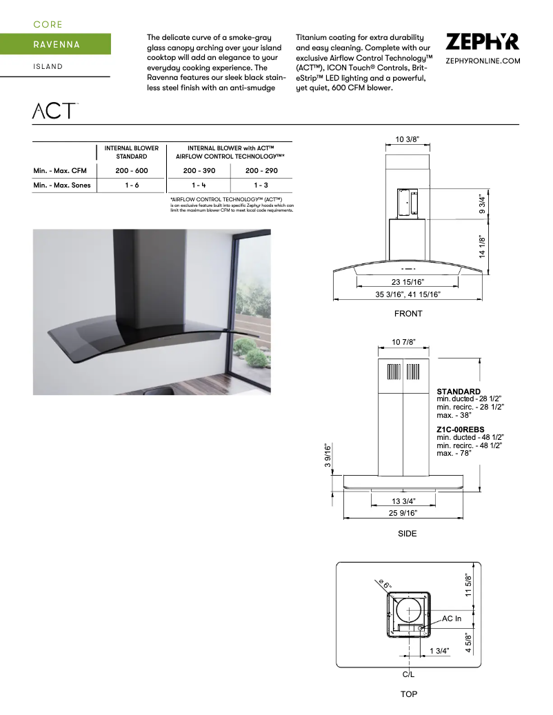 Página 1 del manual Ficha técnica Zephyr Ravenna Island ZRE-E42ABSGG