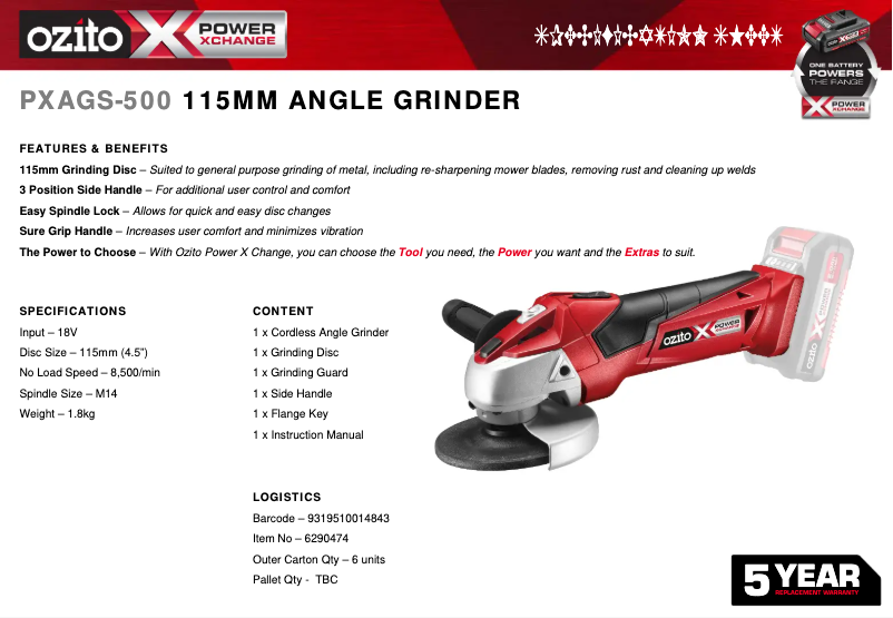 Página 1 del manual Ficha técnica Ozito PXAGS-500