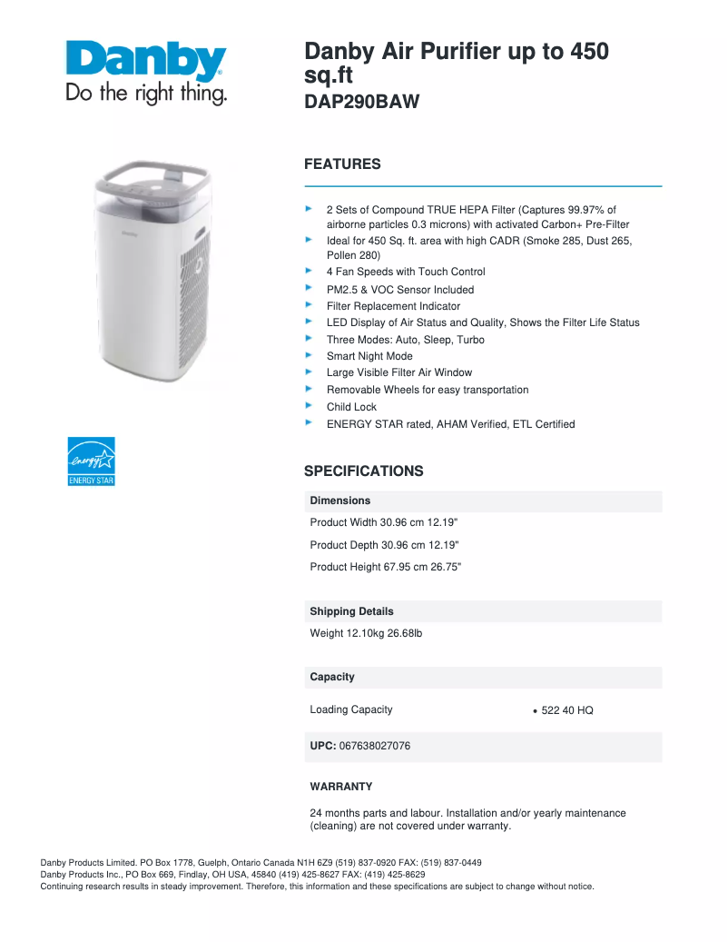 Página 1 del manual Ficha técnica Danby DAP290BAW