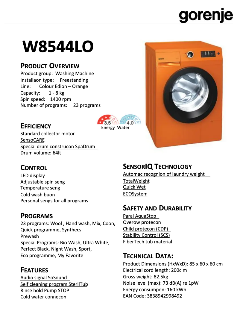 Imagen de la primera página del manual del dispositivo W8544LO