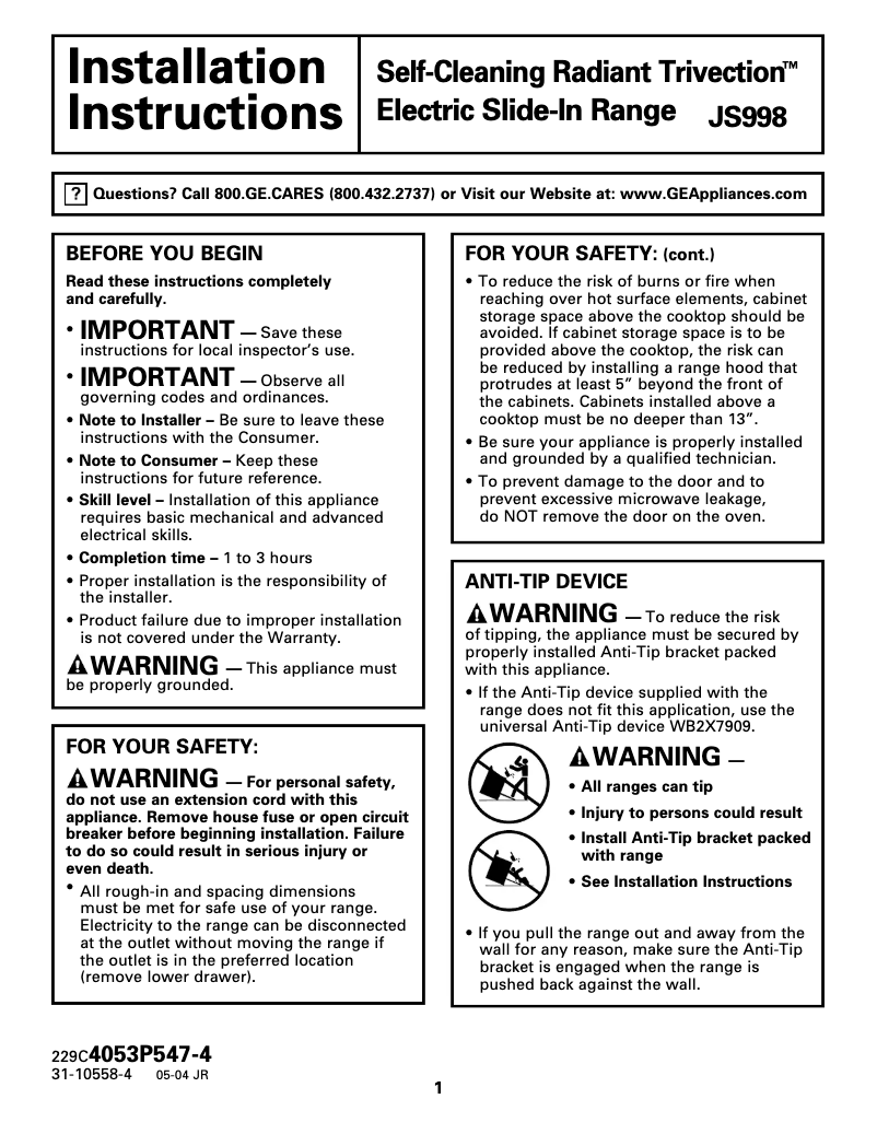 Imagen de la primera página del manual del dispositivo Profile JS998BKBB