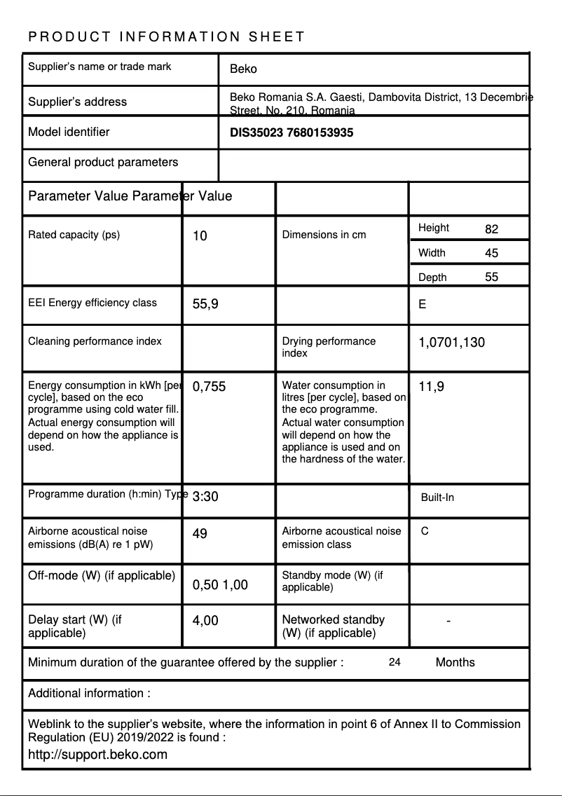 Página 1 del manual Ficha técnica Beko DIS35023