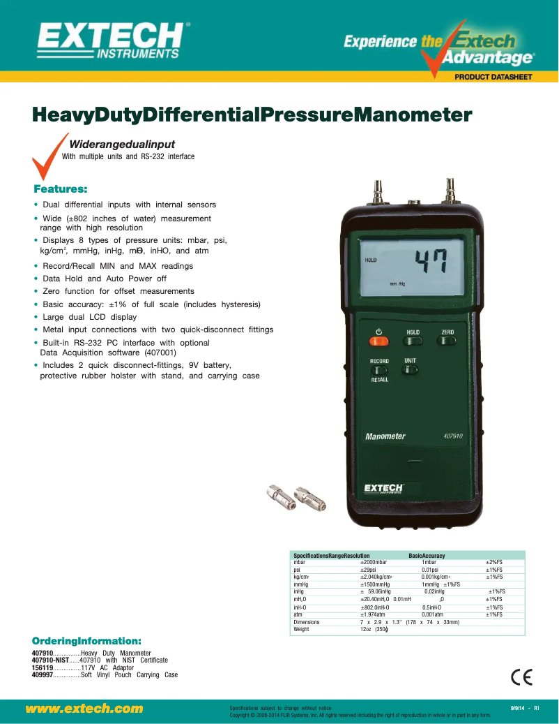 Página 1 del manual Ficha técnica Extech 407910