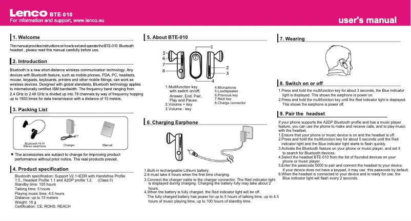 Página nº 1 - Manual de usuario Lenco BTE-010